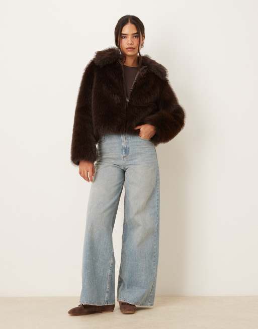 Mango short zip up faux fur jacket in brown
