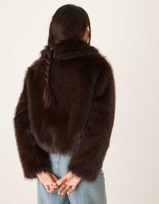 Mango short zip up faux fur jacket in brown