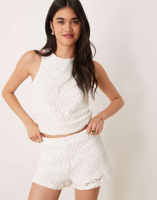 Mango – Shorts aus Baumwolle in Weiß mit Häkeloptik, Kombiteil