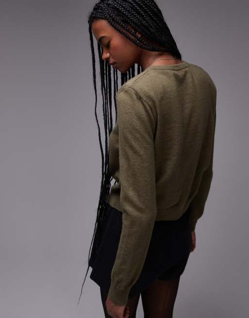 Mango shoulder pad crew neck jumper in khaki