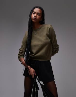 shoulder pad crew neck sweater in khaki-Green