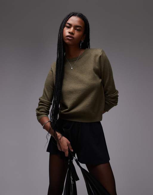 Mango shoulder pad crew neck sweater in khaki