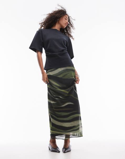 Mango – Siateczkowa spódnica maxi w mieszany zielony wzór - view 1
