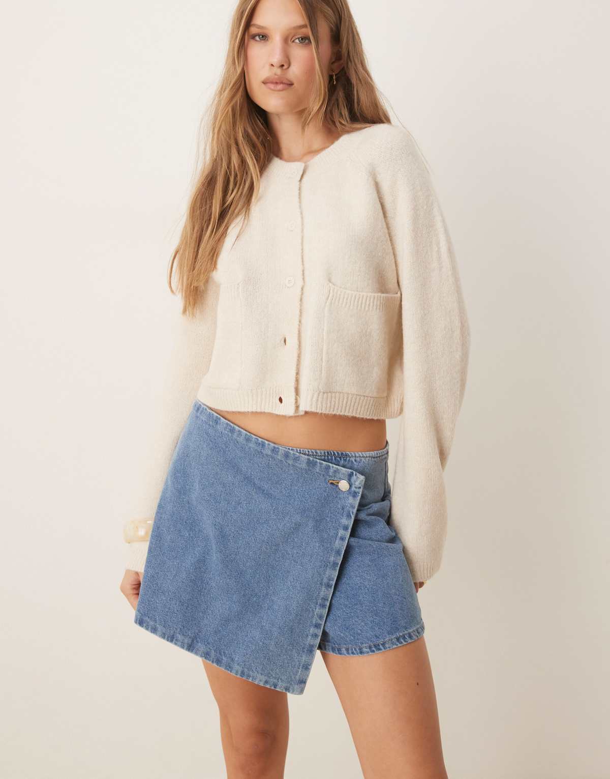 Mango side button skort in mid blue