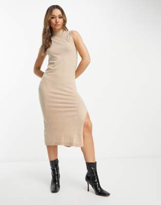 Mango Side Split Midi Dress In Beige-neutral