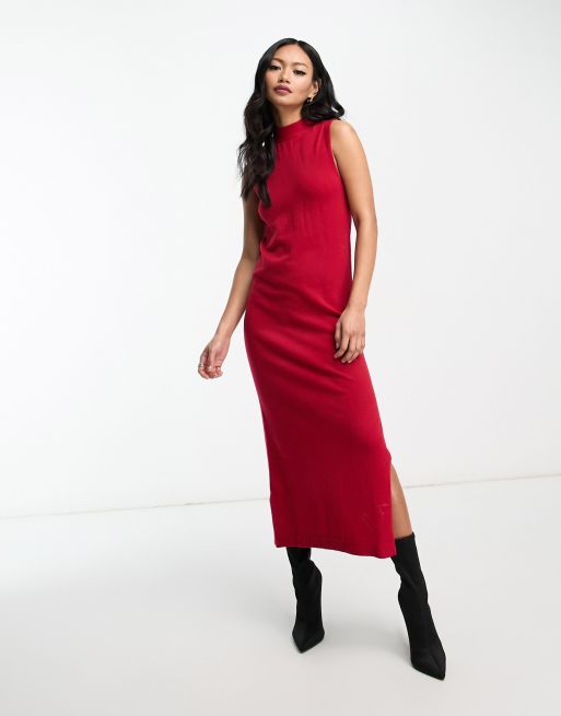 Mango side split midi dress in red | ASOS