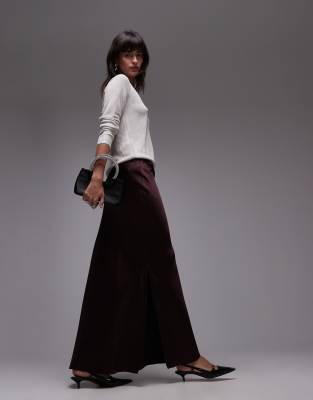 Mango Side Split Satin Maxi Skirt In Burgundy-Red