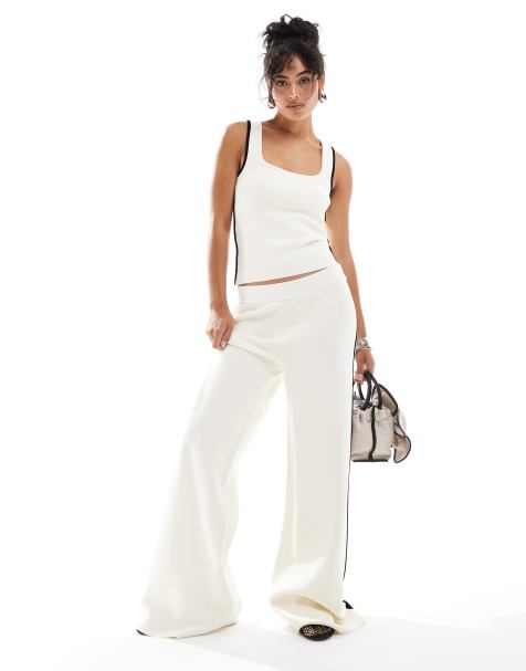 Mango side stripe knitted trouser co-ord in white - view 1