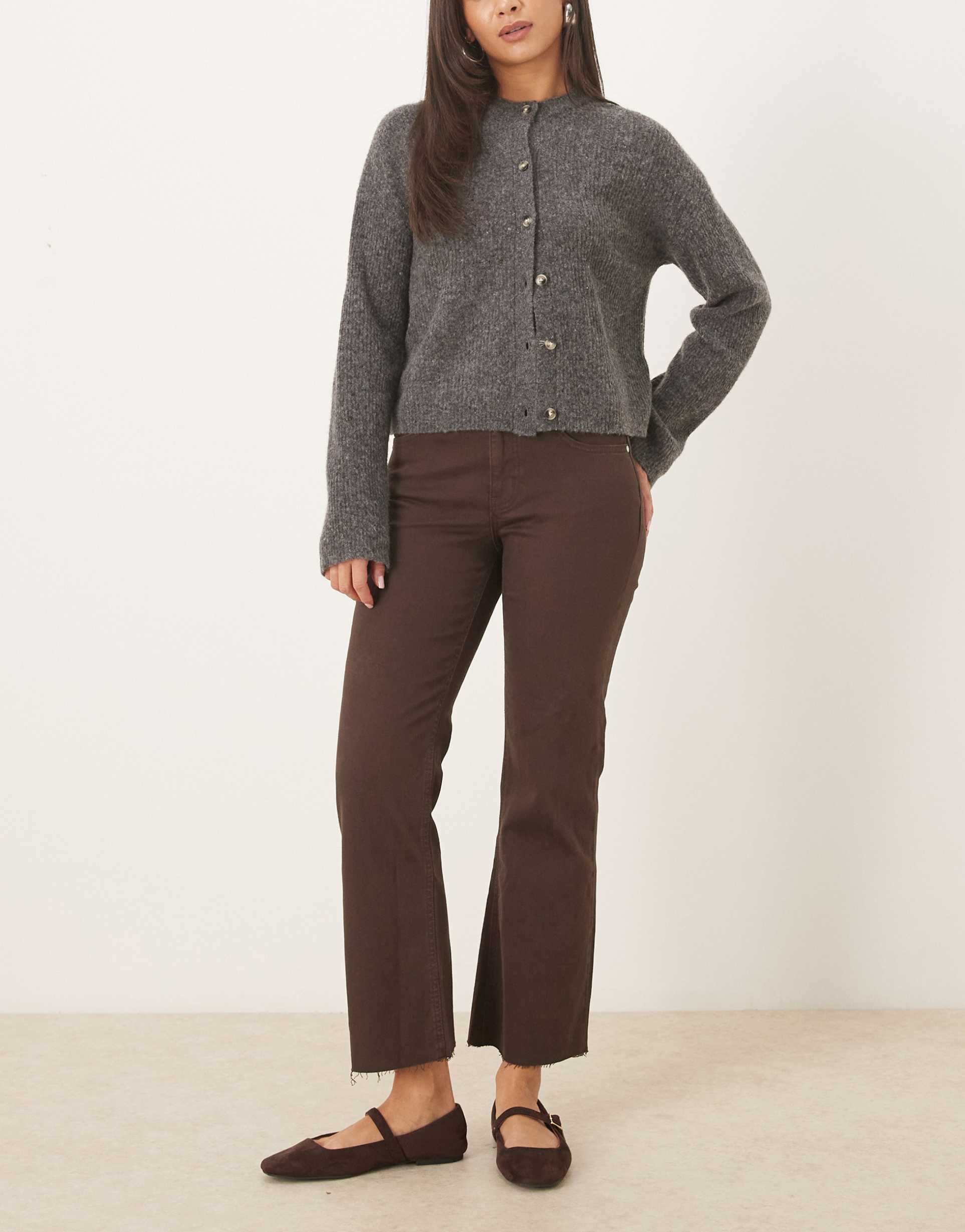 mango sienna cotton mix frayed hem kick flare jeans in brown