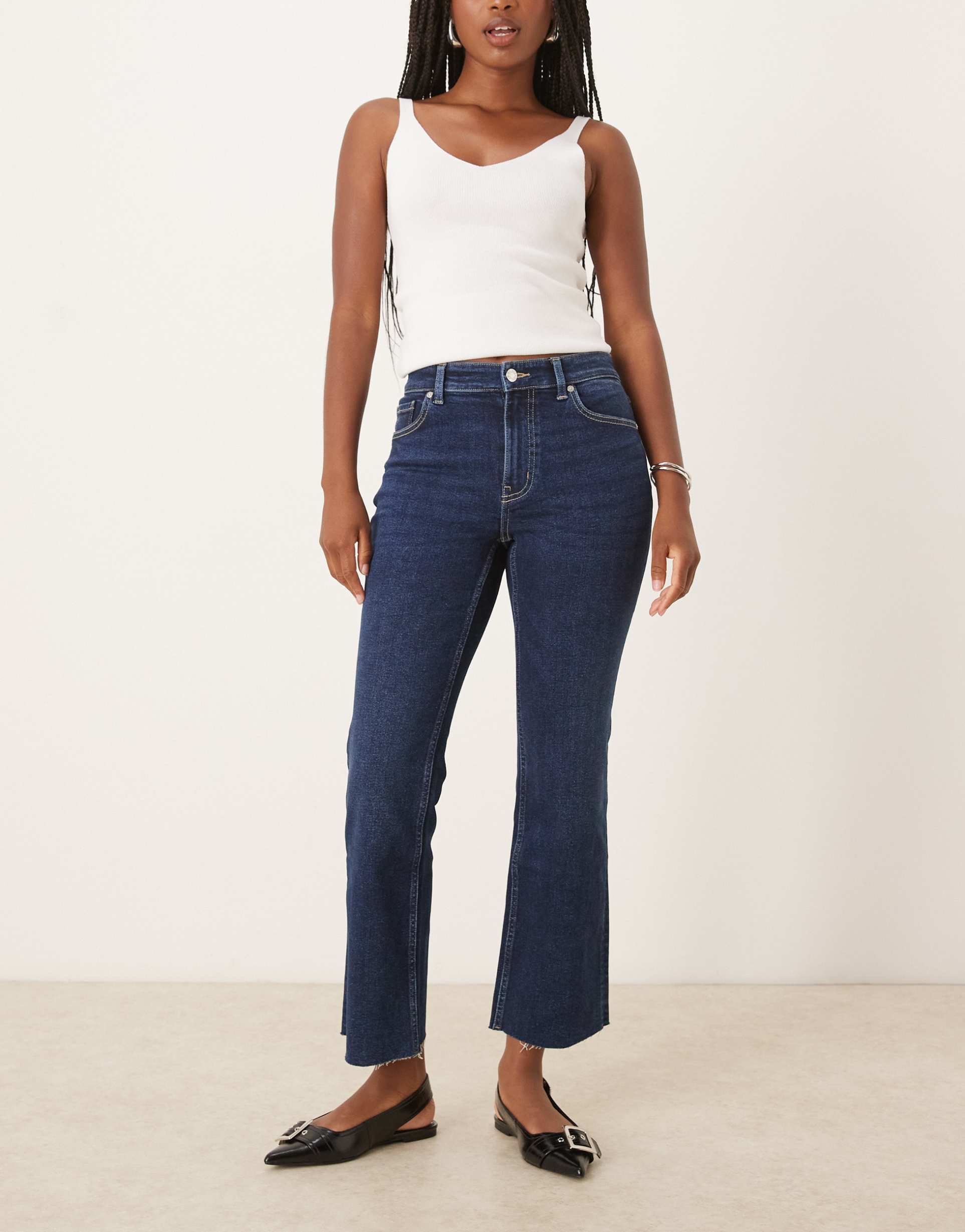 mango sienna raw hem kick flare leg jeans in indigo
