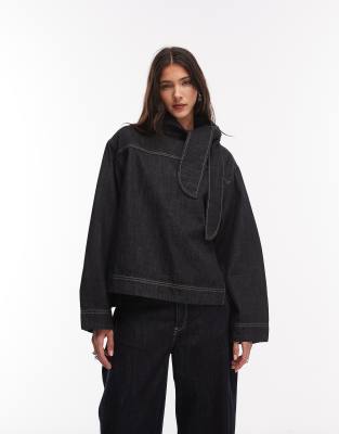 Mango Sila Denim Neck Tie Blouse Co-ord In Black