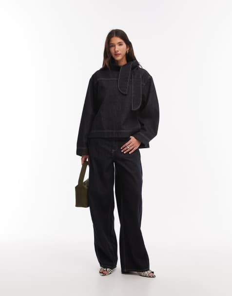 Mango – Sila – Jeans-Set in schwarzer Waschung, bestehend aus Bluse mit Bindedetail am Ausschnitt und Jeans - view 1
