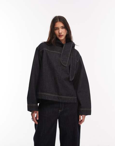 Mango – Sila – Svart, tvättad blus i denim med knytning vid halsen, del av set - view 1