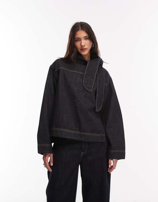 Mango – Sila – Svart, tvättat denimset med blus med knytning i halsen och jeans, 3 av 3
