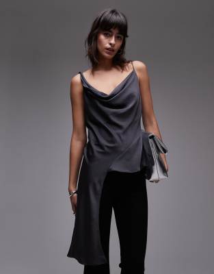 Mango Silky Asymmetric Drape Top In Gray