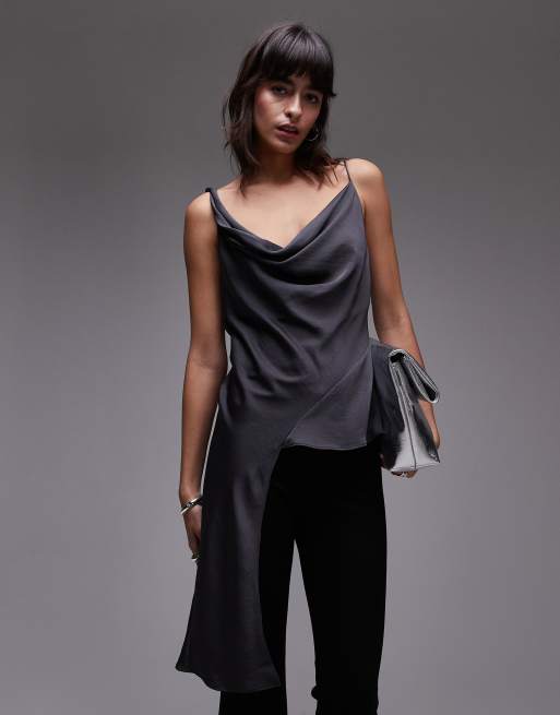 Mango silky asymmetric drape top in gray