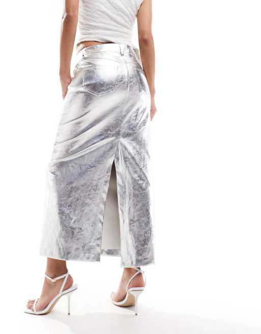 Mango – Silverfärgad metallisk midikjol, 3 av 5