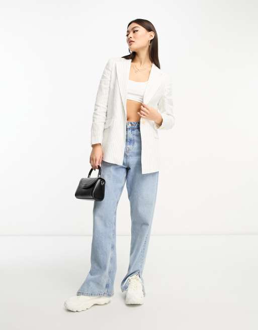 Mango single breasted pinstripe blazer in cream