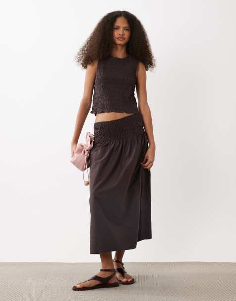 Mango Siros crinkle sleeveless top & skirt set in dark brown - view 1