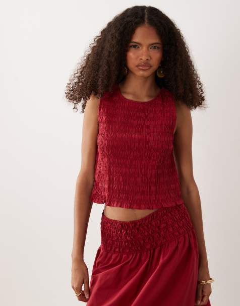 Mango Siros crinkle sleevess top co-ord in red