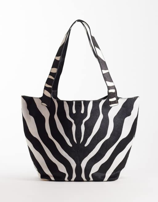 Mango – Skórzana torba typu tote oversize, z włosiem, we wzór w paski zebry