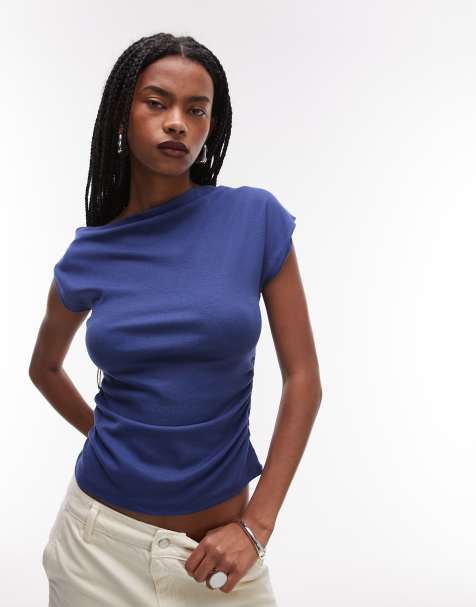 Mango slash neck cap sleeve top in blue - view 1