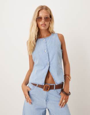 Mango Mango slash neck denim waistcoat co-ord in light wash blue