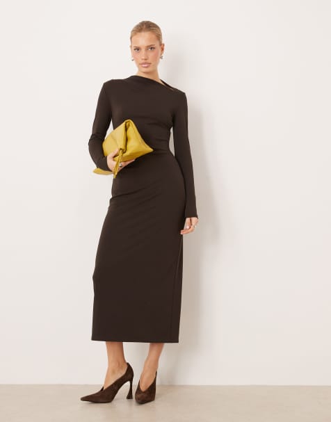 Mango slash neck long sleeve maxi dress in chocolate