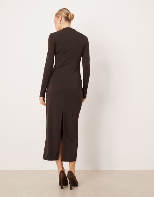 Mango slash neck long sleeve maxi dress in chocolate, 3 of 4