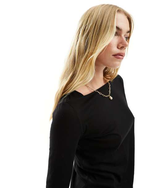 Mango slash neck long sleeve top in black - view 1