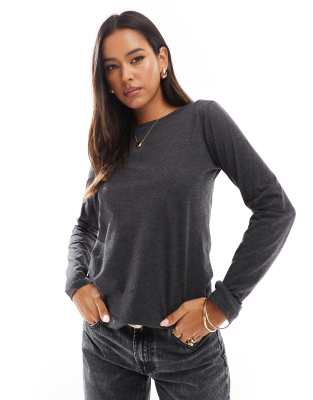 Mango Slash Neck Long Sleeve Top In Gray