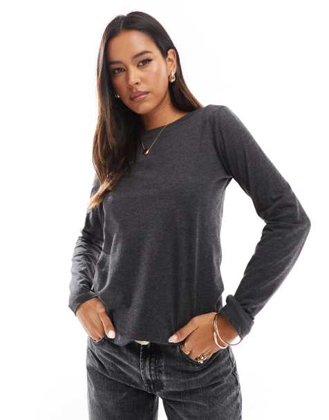 Mango slash neck long sleeve top in gray - view 1