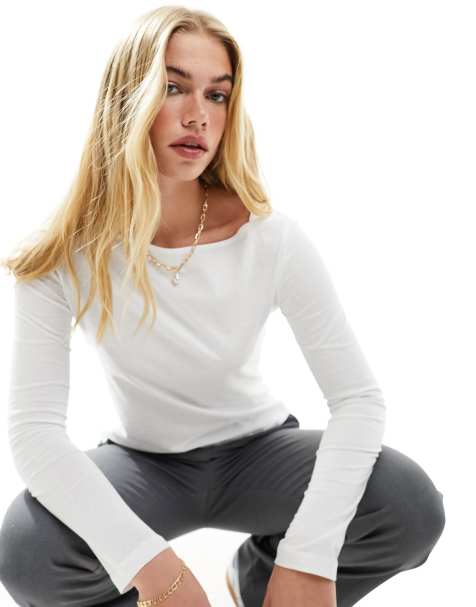Mango slash neck long sleeve top in white - view 1