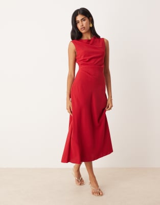Mango Slash Neck Midi Dress In Red