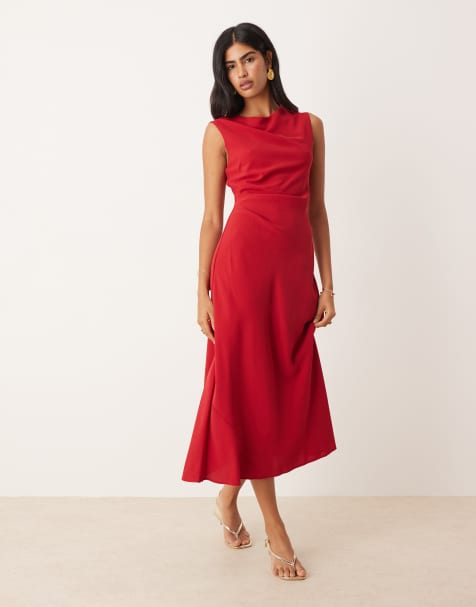 Mango slash neck midi dress in red - view 1