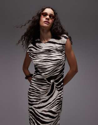 Mango Slash Neck Mixed Zebra Print Midi Dress In White