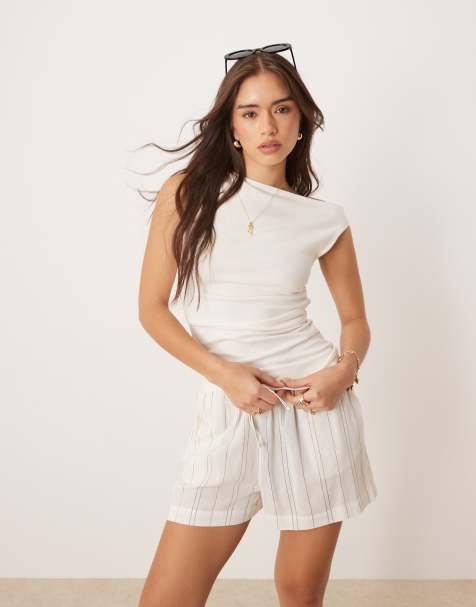 Mango slash neck off the shoulder jersey top in ecru - view 1