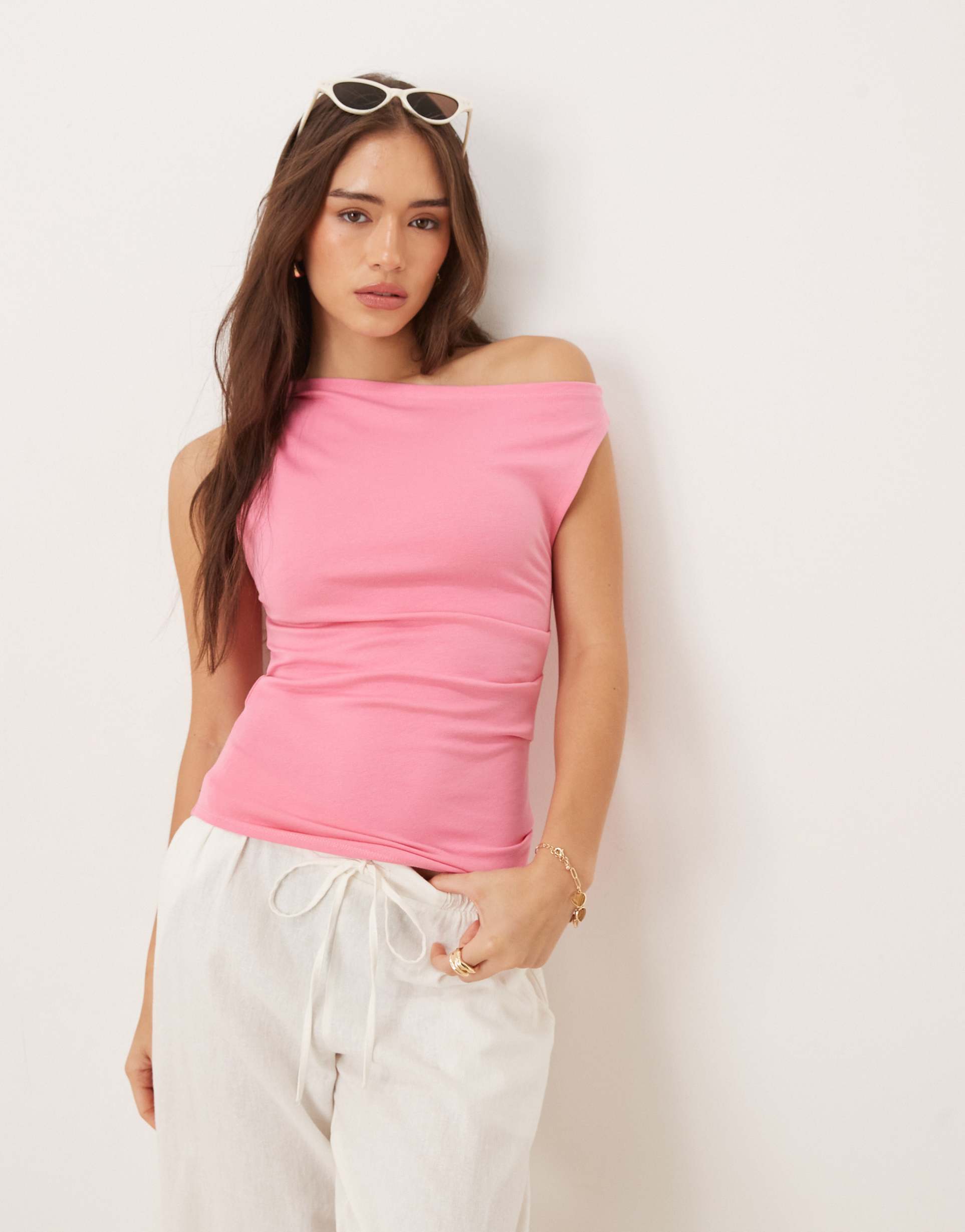 mango slash neck off the shoulder jersey top in pink