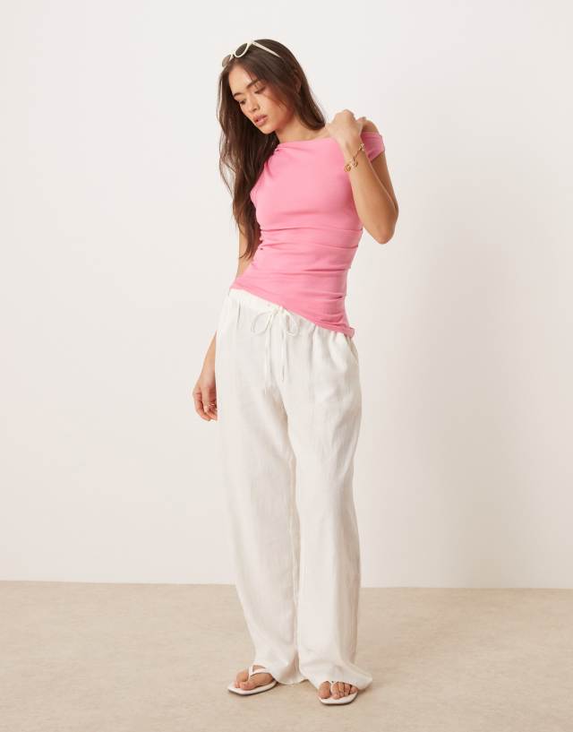 Mango slash neck off the shoulder jersey top in pink | ASOS