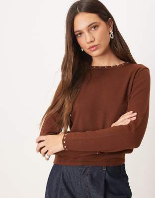 Mango Slash Neck Top With Stud Trim Detail In Brown
