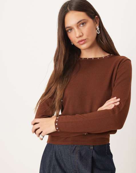 Mango slash neck top with stud trim detail in brown