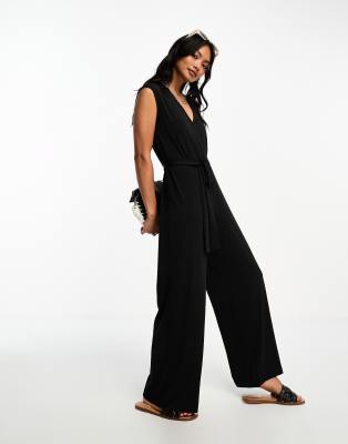 Mango sleeve less v-neck jumpsuit in black