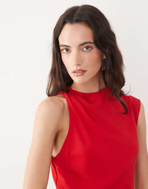 Mango sleeveless asymmetric hem maxi dress in red, 4 of 4