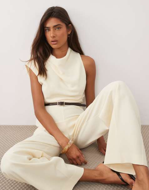 Mango sleeveless asymmetric tailored jumpsuit in cream - view 1