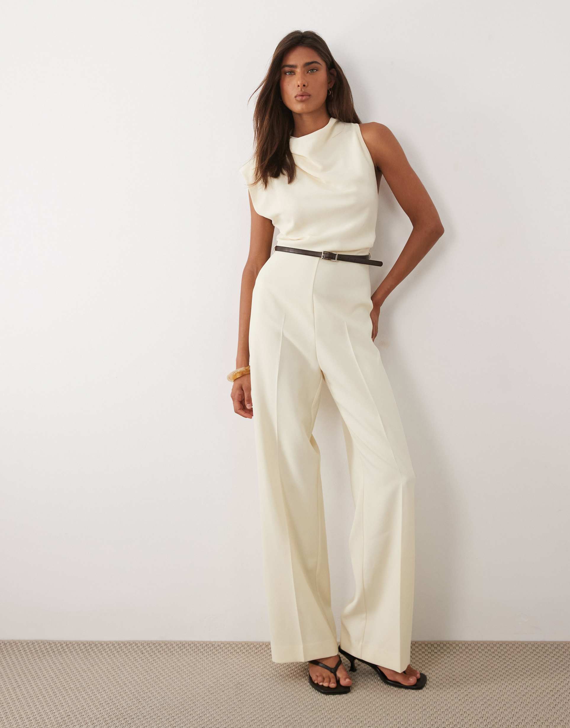 mango sleeveless asymmetric tailored jumpsuit in cream