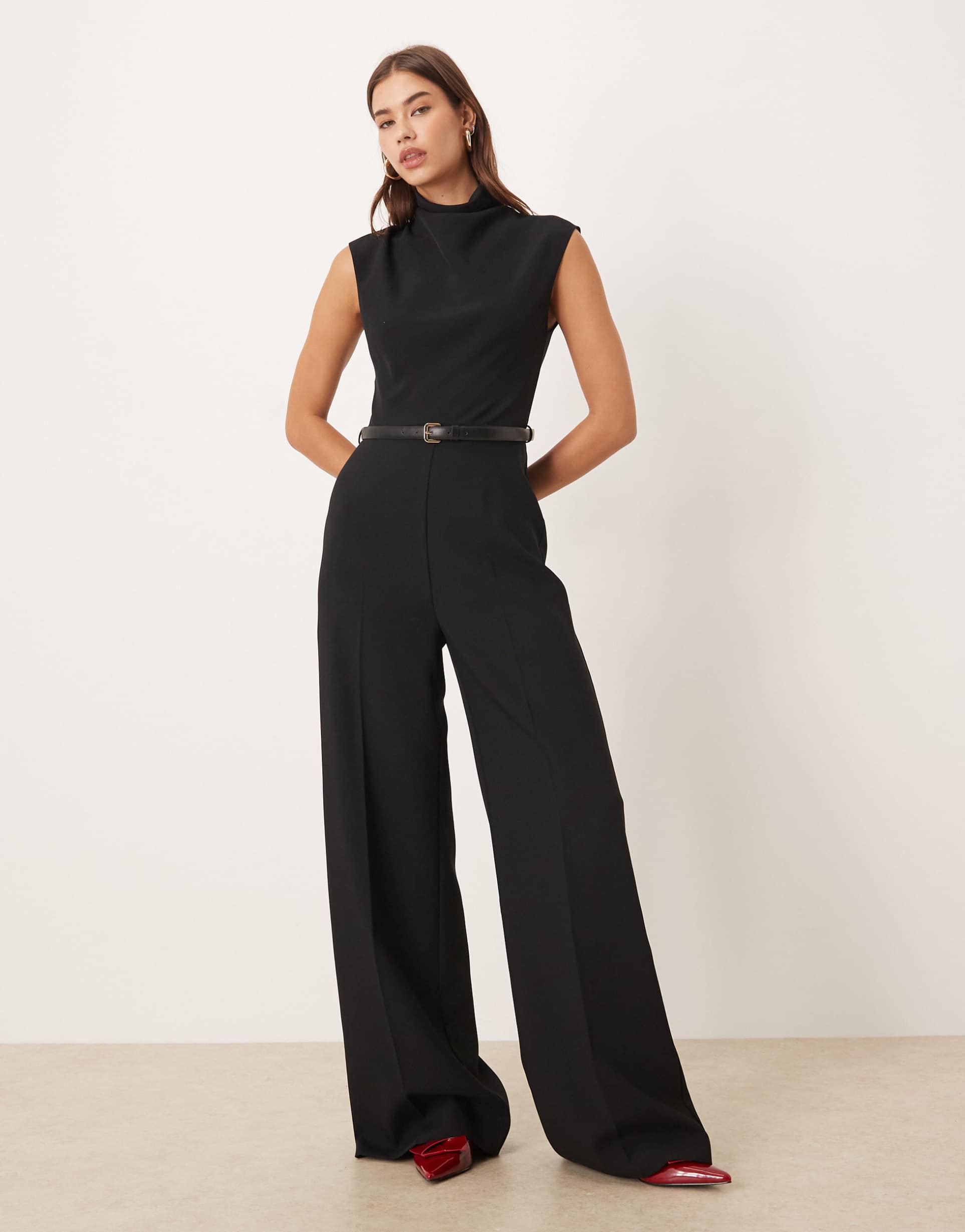 mango sleeveless belted jumpsuit in black