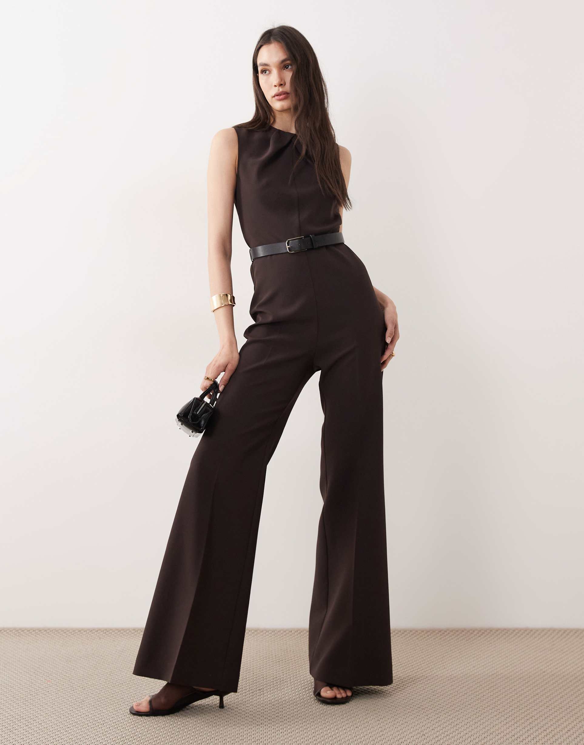 mango sleeveless belted jumpsuit in brown