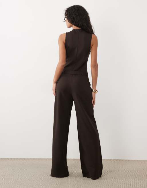 Mango sleeveless belted jumpsuit in dark brown, 4 of 4
