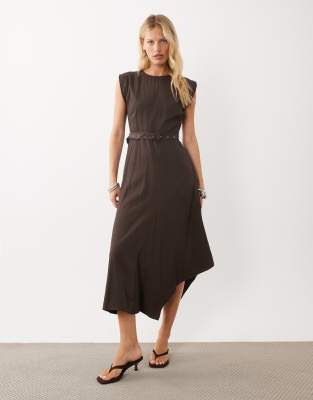 Mango Sleeveless Belted Midi Dress In Brown