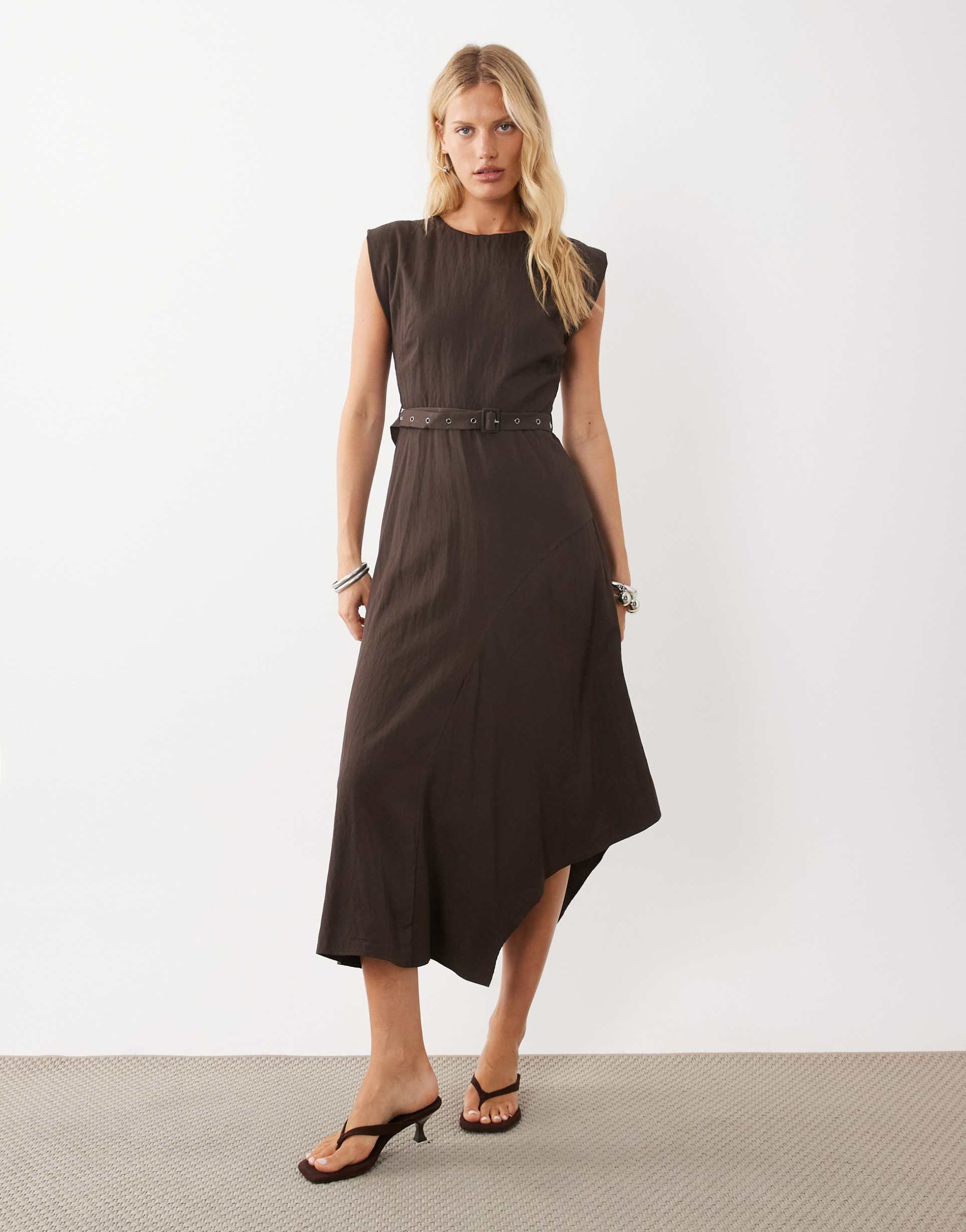 mango sleeveless belted midi dress in brown